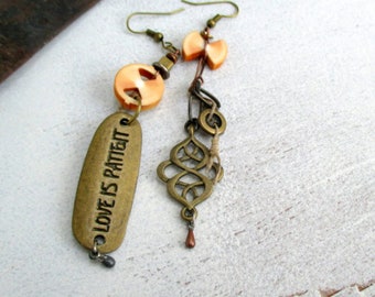 Tribal Earrings, Porcelain Earrings, Asymmetric Earrings, assemblage jewelry, mixed media, Brass Earrings, Dangle Earrings, Unique Earrings