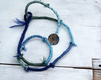 Blue Yarn Wrap Necklace Bracelet: Boho Hippie Tribal Jewelry