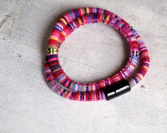 Boho handmade Fabric Bracelet: Ethnic Tribal Jewelry with Magnetic Clasp