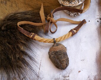 Large Fossil Trilobite Pendant Necklace: Raw Marine Arthropod, Leather Hemp Cord