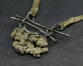 Raw Marcasite Necklace, Statement Stone Pendant, OOAK Barite Jewelry, Rustic Artisan Necklace, Natural Mineral Gift for Her