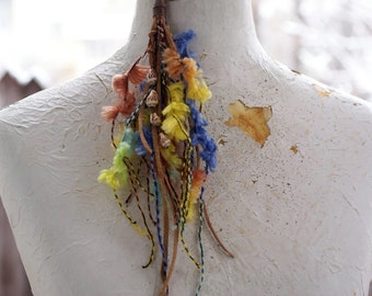 Long Single Tassel Earring, Yarn Shells, Rustic Tribal Style