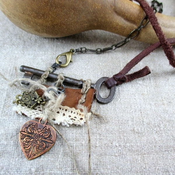 Antique Skeleton Key Necklace, Assemblage Necklace, Found Object Jewelry, Steampunk Key Necklace, OOAK, Primitive Romantic