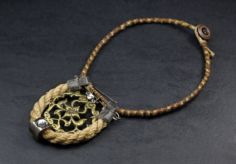 Antique Brass Buckle Choker, Assemblage Necklace, Leather, OOAK Wearable Art bild 1