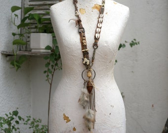 Boho Assemblage Statement Necklace – Mixed Media Shell & Jasper Leather Jewelry