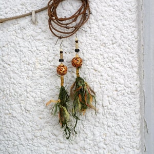 fringe earrings, fall earrings, rustic autumn tassel earrings, tassel earrings, mixed media, colorful  earrings, earrings with wood beads