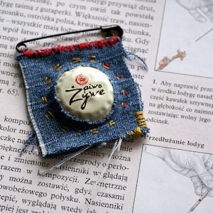 denim brooch, wearable art, safety pin brooch, Textile art brooch, Sashiko brooch, hand sewn brooch, square brooch,  beer cap brooch,