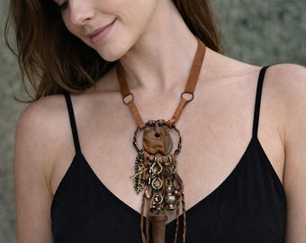 necklace with treasures, brown Statement Necklace, assemblage choker jewelry in the colors of the earth,