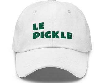May include: White baseball cap with green embroidered text that reads "LE PICKLE".