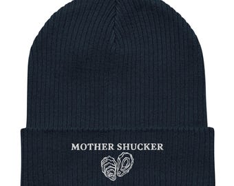 Oyster Mother Shucker Embroidered Organic Cotton Beanie