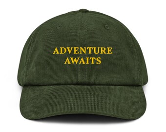 Adventure Awaits Embroidered Corduroy Hat, Travel Cap