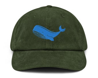 Walvis Corduroy hoed, blauwe vinvis, bultrug, geborduurde walvishoed, dierenhoed, red de oceaan, mariene bioloog cadeau, duikhoed