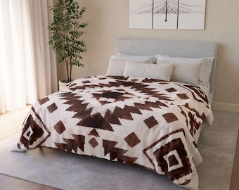 Coperta in pile Sherpa azteca del sud-ovest / Plaid in peluche con medaglione geometrico marrone crema neutro / Decorazione per la casa in stile boho rustico, idea regalo, 60" × 80"