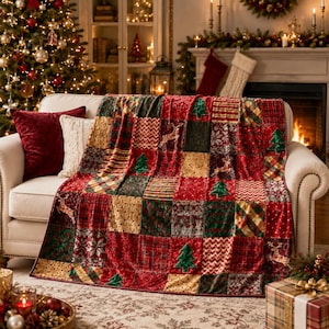 Christmas Patchwork Crushed Velvet Blanket, Rustic Holiday Throw, Cozy Cabin Christmas Decor, Red Green Plaid Blanket Gift 50" × 60"