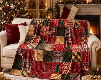 Coperta natalizia patchwork in velluto stropicciato, plaid rustico per le feste, accogliente decorazione natalizia per la baita, coperta a quadri rossi e verdi, idea regalo 50" × 60"