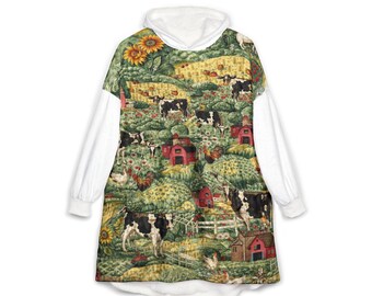 Manta com capuz com estampa de cena rural | Vacas, celeiros, girassóis e paisagem campestre