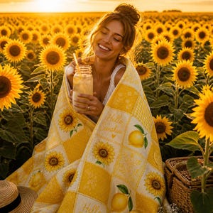 Puede incluir: Una persona sonríe, envuelta en una manta amarilla con diseños de girasoles y limones, sosteniendo un tarro de cristal con una pajita. La manta tiene el texto "Hello Sunshine". El fondo es un campo de girasoles.