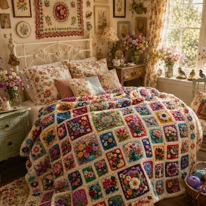 May include: A cozy bedroom scene featuring a white wrought iron bed adorned with floral patterned pillows and a vibrant, handmade crochet blanket. The blanket showcases colorful floral squares. The room is decorated with framed art and fresh flowers.
