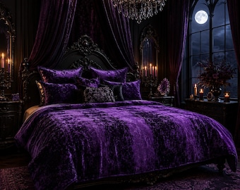 Coperta in velluto viola stropicciato / Coperta di lusso viola reale intenso / Regalo per la casa in stile gotico glamour / Coperta accogliente viola estetica
