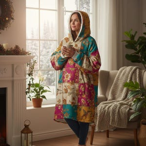 Manta con capucha de patchwork floral vintage con motivo de pájaros, color verde azulado, rosa y dorado