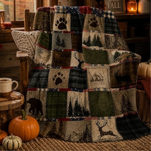 May include: A patchwork quilt with a rustic, outdoorsy theme. The quilt features squares with images of bears, deer, paw prints, and trees in shades of green, brown, and blue. The quilt is draped over a wooden chair, creating a cozy, autumnal scene.