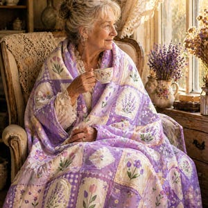 May include: A lilac and white patchwork quilt featuring floral and lavender sprig motifs. The quilt is draped over a person seated in a vintage chair. The quilt's design includes squares with lavender sprigs, tulips, and floral patterns.