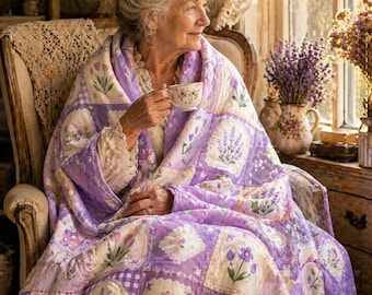 Coperta in pile con motivo floreale lavanda / Motivo patchwork in stile cottagecore / Coperta con tulipani e fiori selvatici / Coperta viola tenue / Regalo per la nonna