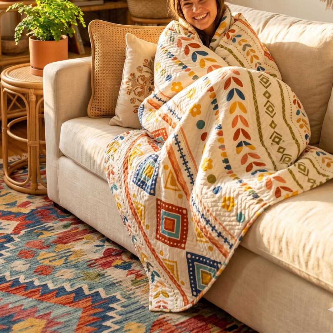 Colorful Aztec Stripe Quilted Throw | Boho Tribal Folk Art Quilt ...