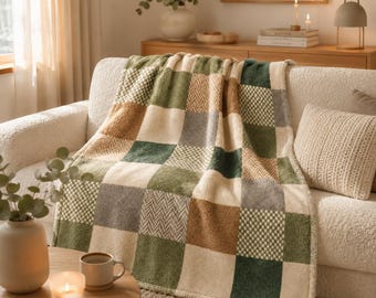 Coperta in pile a quadri verde salvia, coperta scozzese neutra in stile rustico, coperta accogliente in stile cottagecore, decorazione hygge scandinava