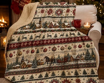 Coperta natalizia in pile Sherpa con arazzo / Coperta festiva in peluche con renne e slitta in stile vintage / Coperta natalizia in Sherpa stile rustico 60" × 80"
