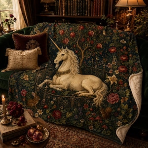 May include: A plush throw blanket featuring a detailed tapestry-style print of a white unicorn resting within a circular enclosure, surrounded by a dark forest scene with red pomegranates, vibrant flowers, a rabbit, and a squirrel.