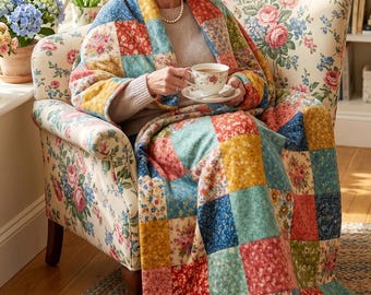 Coperta in pile con patchwork floreale colorato / Motivo floreale arcobaleno, coperta in stile cottagecore / Regalo floreale per la nonna