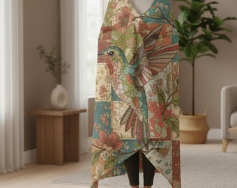 Coperta in pile vintage con colibrì, trapunta patchwork floreale, decorazione per la casa in stile cottagecore con uccelli botanici, idea regalo