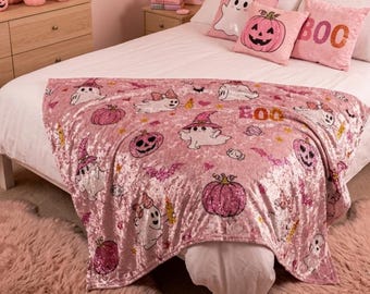 Coperta in velluto schiacciato con fantasma rosa / Simpatica coperta rosa cipria con fantasma spettrale per Halloween / Regalo di Halloween rosa / Coperta spettrale per ragazze