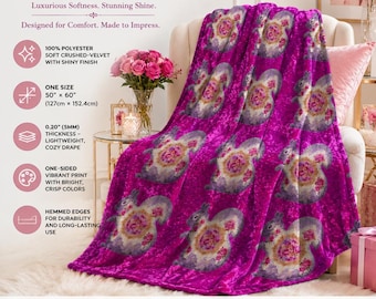 Coperta in velluto schiacciato color magenta e rosa, coperta in velluto rosa acceso con pizzo floreale e rose, regalo glamour massimalista per la casa, coperta rosa acceso con rose