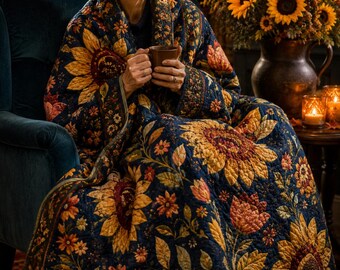 Folk Art Sunflower Quilted Throw | Dark Navy Jacobean Botanical Floral Quilt | Sunflower Lover Gift | Vintage Embroidery Style Quilt