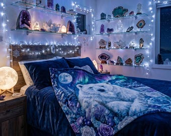 Coperta in pile con orso polare e aurora boreale / Coperta magica con aurore boreali e rose di cristallo / Coperta artistica invernale fantasy / Regalo di lusso per gli amanti della natura
