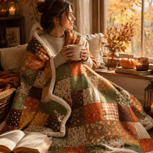May include: A patchwork quilt with a cream-coloured sherpa lining. The quilt features squares of orange, green, and brown floral and plaid patterns. A person is wrapped in the quilt, holding a mug. The scene is set near a window with autumn foliage.