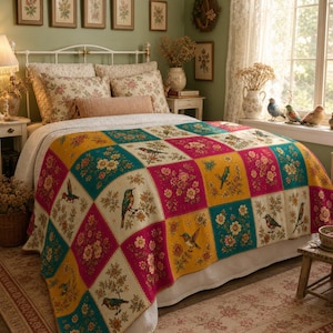 May include: A colorful patchwork quilt with a floral and bird design. The quilt features squares of yellow, teal, pink, and cream, each adorned with flowers and birds. The bed is made with floral patterned pillows and a white bed skirt.