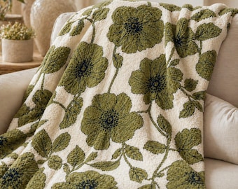 Coperta in pile con stampa floreale / Coperta botanica verde oliva con fiori / Coperta accogliente in stile cottagecore / Decorazione floreale vintage per la casa / Regalo per gli amanti della natura