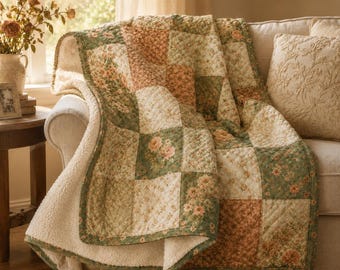 Coperta in pile Sherpa Cottage Rose, plaid floreale verde salvia e rosa antico, regalo Grandmillennial Cottagecore, Sherpa floreale 60" 80"