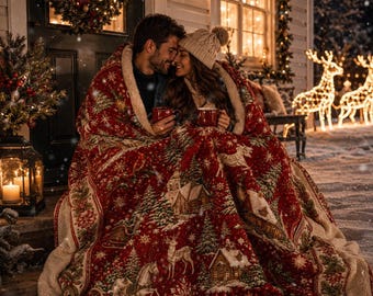 Coperta in pile Sherpa con motivo villaggio natalizio / Scena invernale vintage con slitta di renne rosse / Morbida e accogliente coperta per le feste / Regalo per la decorazione della casa a Natale