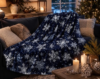 Coperta in pile Sherpa con fiocchi di neve, coperta invernale blu navy morbida e accogliente con fiocchi di neve, coperta regalo per Natale, coperta Sherpa a tema paesaggio invernale.