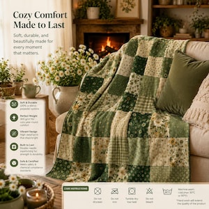 May include: A patchwork quilt featuring a repeating grid of green and cream floral, gingham, and daisy patterns. The quilt is draped over a sofa alongside a solid olive green throw pillow. The text on the image includes Cozy Comfort Made to Last.