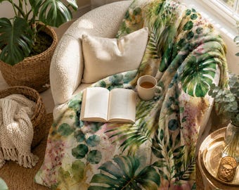Coperta in pile con motivi botanici tropicali, coperta con monstera ad acquerello, coperta boho verde salvia, decorazione botanica neutra, regalo accogliente per gli amanti delle piante