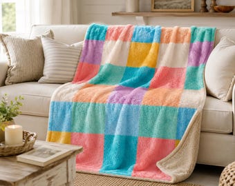 Coperta in pile sherpa a quadri colorati, coperta a quadri pastello, accogliente coperta a quadri arcobaleno, idea regalo