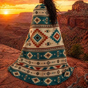Manta polar Navajo del suroeste / Estampado azteca en tonos verde azulado y óxido / Manta estilo boho western / Regalo geométrico nativo / Decoración rústica de cabaña