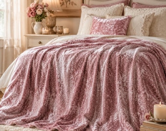 Coperta in velluto schiacciato color rosa antico, coperta di lusso in velluto rosa cipria, regalo romantico per la casa in stile cottagecore, coperta accogliente ed estetica rosa