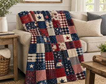 Coperta in pile stampata patchwork stile country per uomo e donna, coperta vintage stile fattoria, regalo perfetto, decorazione rustica americana per la casa, morbida coperta in pile