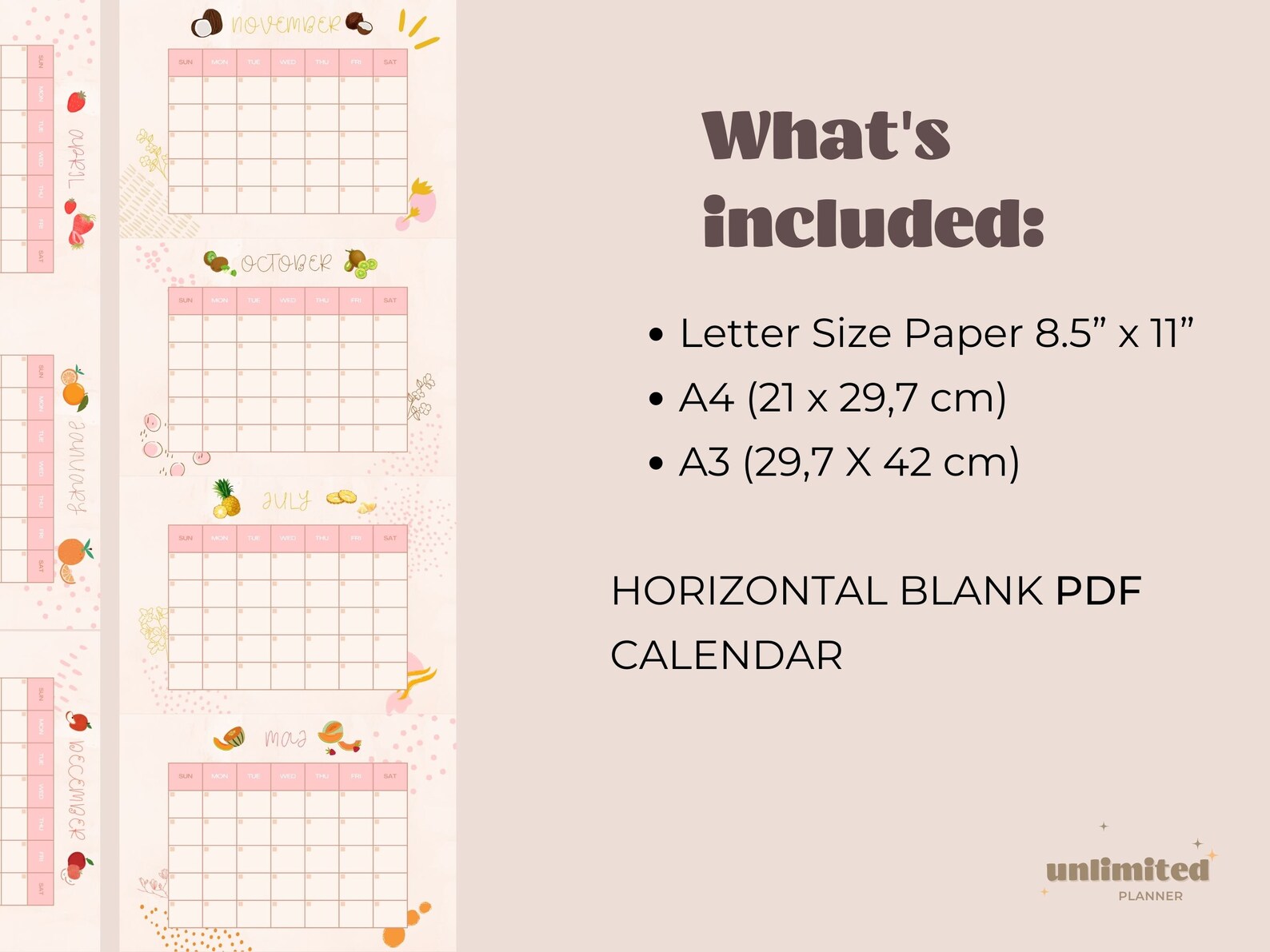 Printable Yearly Calendar A3 Printable Calendar Monthly Blank Calendar ...